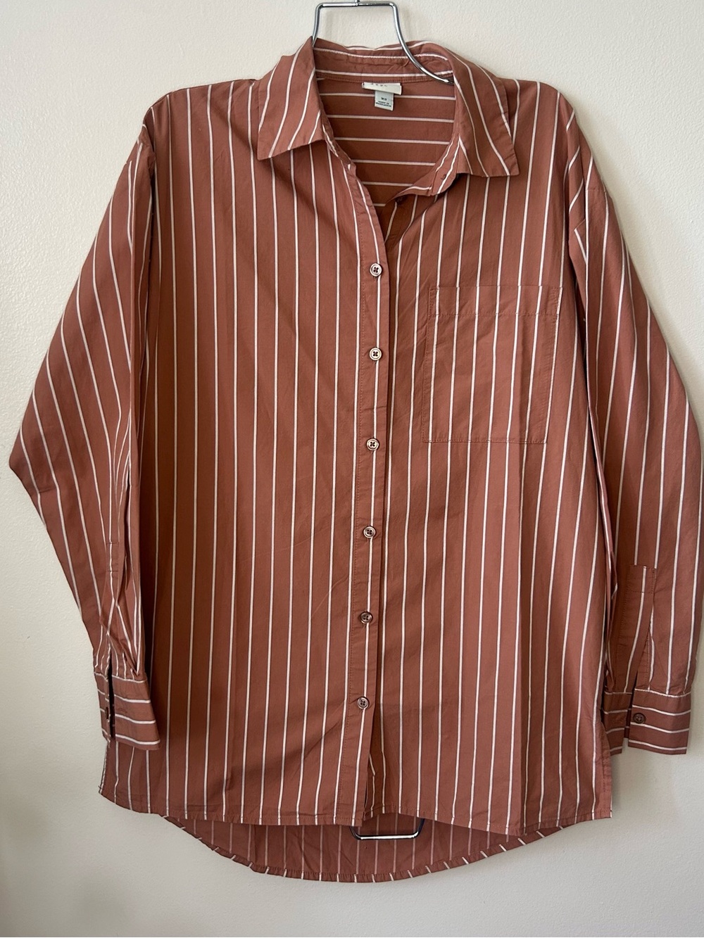 A New Day Women’s XS Brown White Stripe Button Front Long Sleeve Shirt Pocket